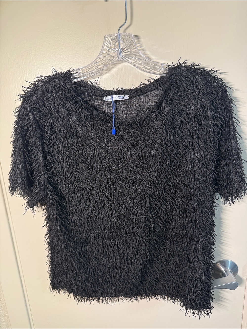 Zara Black Fringe Textured Short Sleeve Top